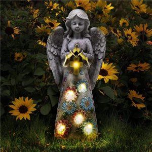 Angel Garden Figurine Outdoor Garden Statue, Solar Garden Sculpture with 7 LEDs
